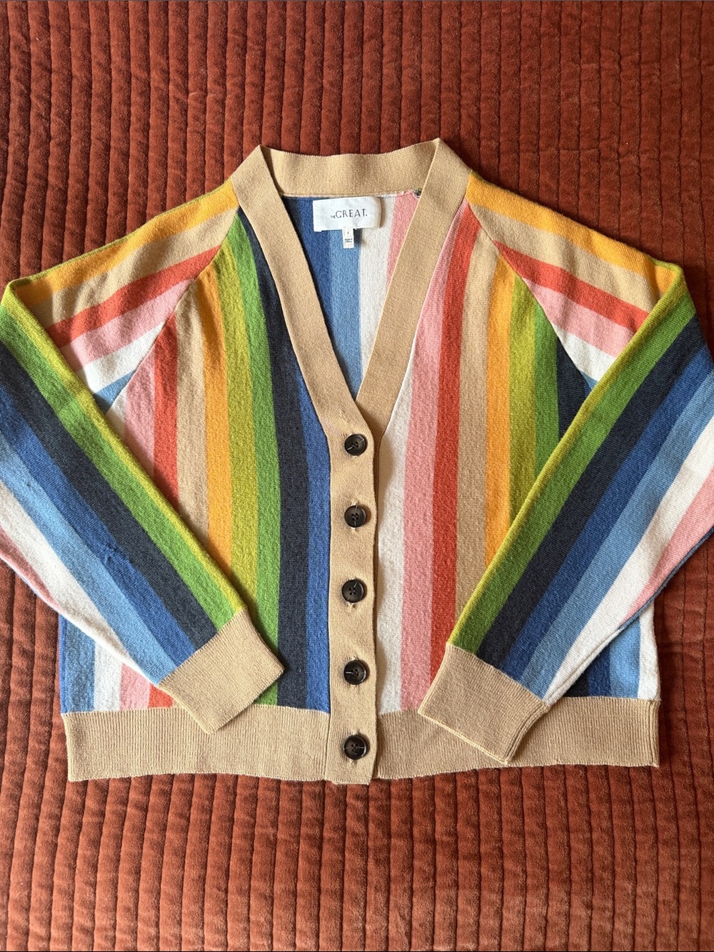 THE GREAT Rainbow Multicolor Striped V-Neck Wool-Blend Cardigan Sweater